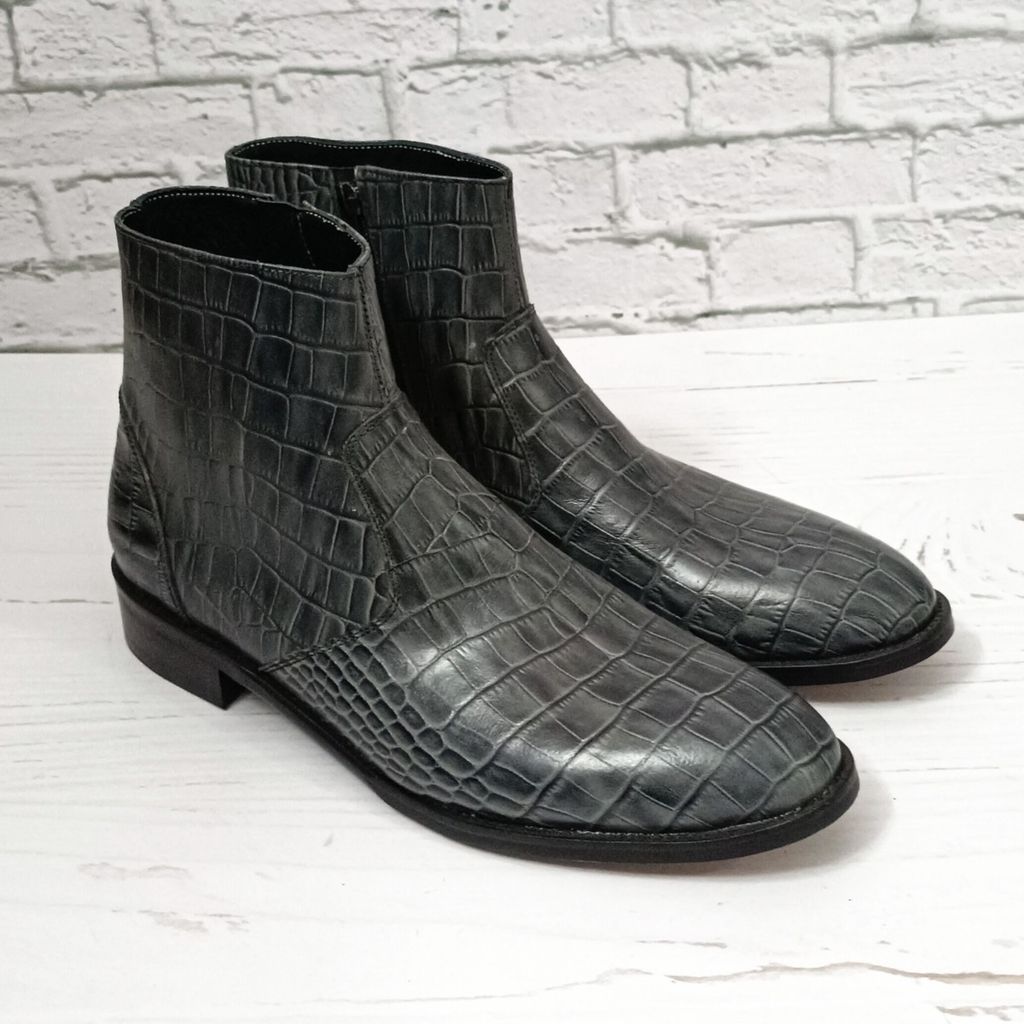 خرید انلاین نیم بوت مردانه مجلسی چرم طبیعی دستدوز آلپاین کروکودیلی طوسی