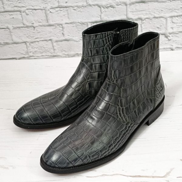 نیم بوت مردانه مجلسی چرم طبیعی دستدوز آلپاین کروکودیلی طوسی
