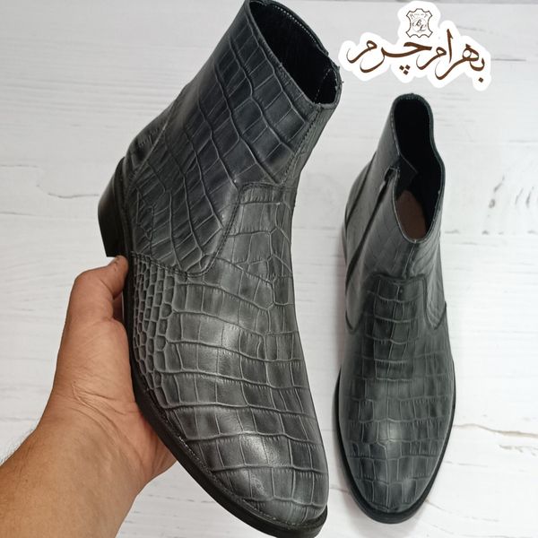 نیم بوت مردانه مجلسی چرم طبیعی دستدوز آلپاین کروکودیلی طوسی