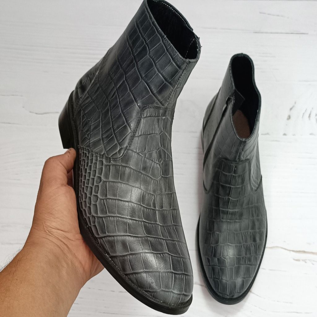 خرید انلاین نیم بوت مردانه مجلسی چرم طبیعی دستدوز آلپاین کروکودیلی طوسی