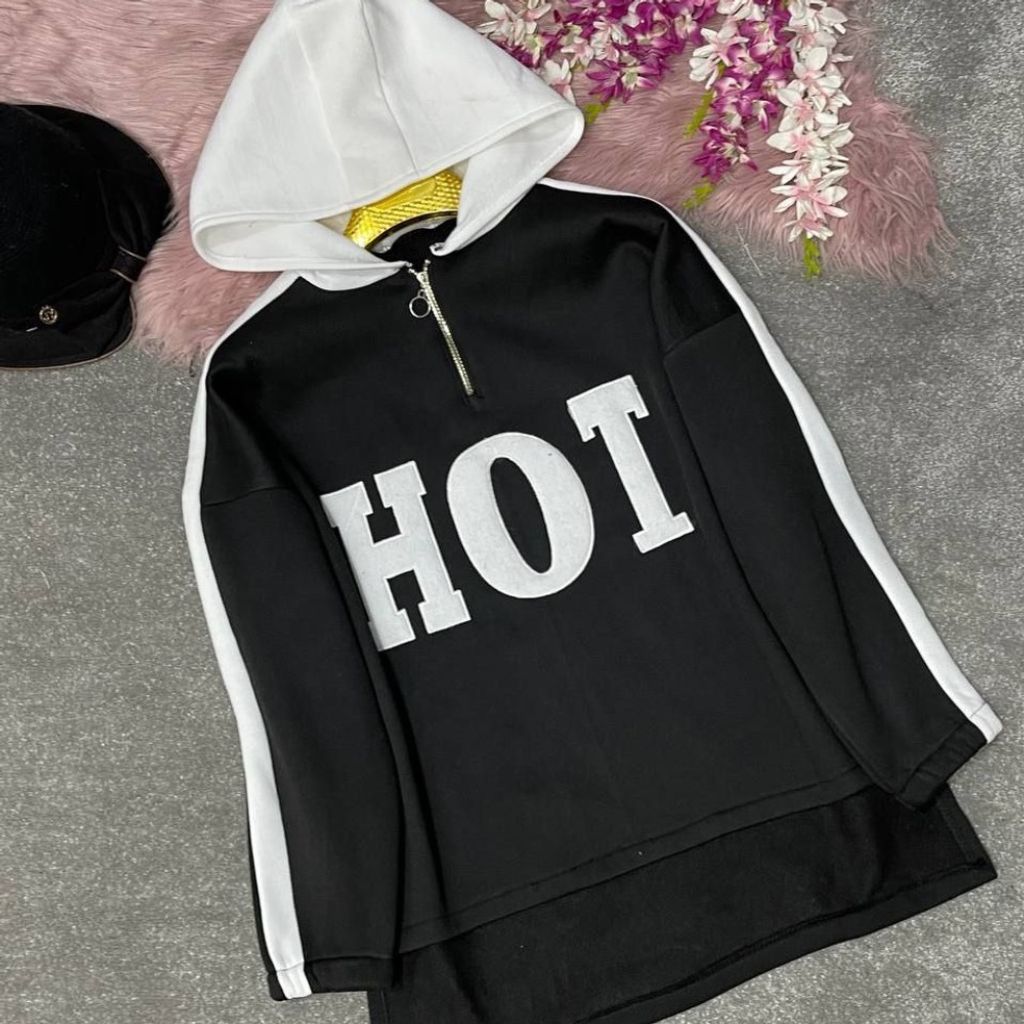 خرید انلاین هودی کلاه دار طرح نیم زیپ HOT