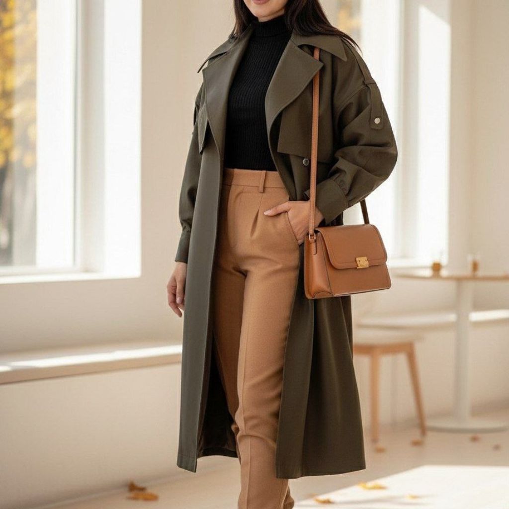 خرید اینترنتی بارونی آستردار سلین رنگ زیتونی