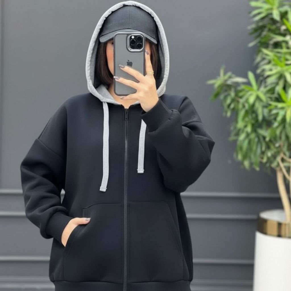 مشخصات سویشرت زنانه طرح کلاه دورس طوسی