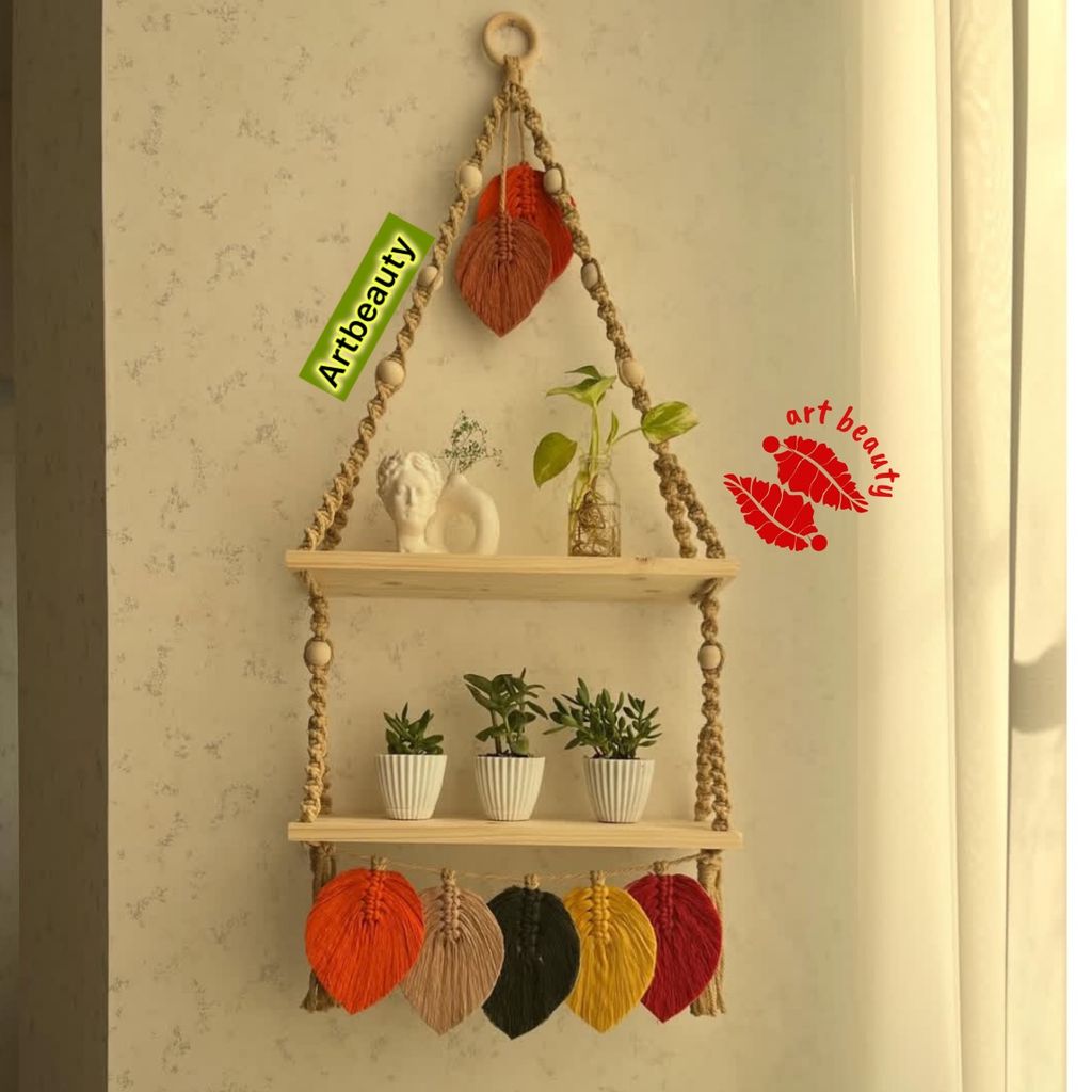 قیمت دیوارکوب اویز مکرومه بافی شلف چوبی دو طبقه طرح ساتین