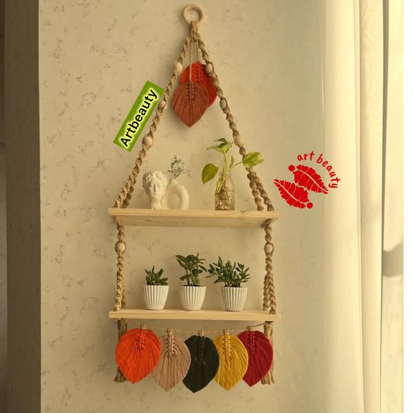 دیوارکوب اویز مکرومه بافی شلف چوبی دو طبقه طرح ساتین