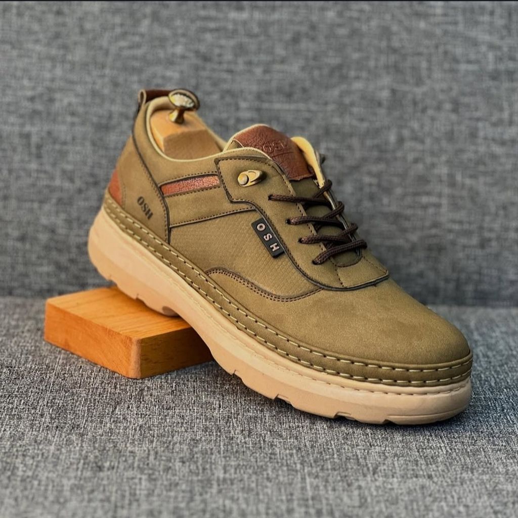 قیمت ارزان کفش چرم اسپرت مردانه مدل فراز رنگ زیتونی