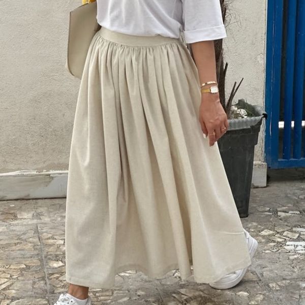 دامن زنانه لینن چین‌دار بلند پشت کمر کش