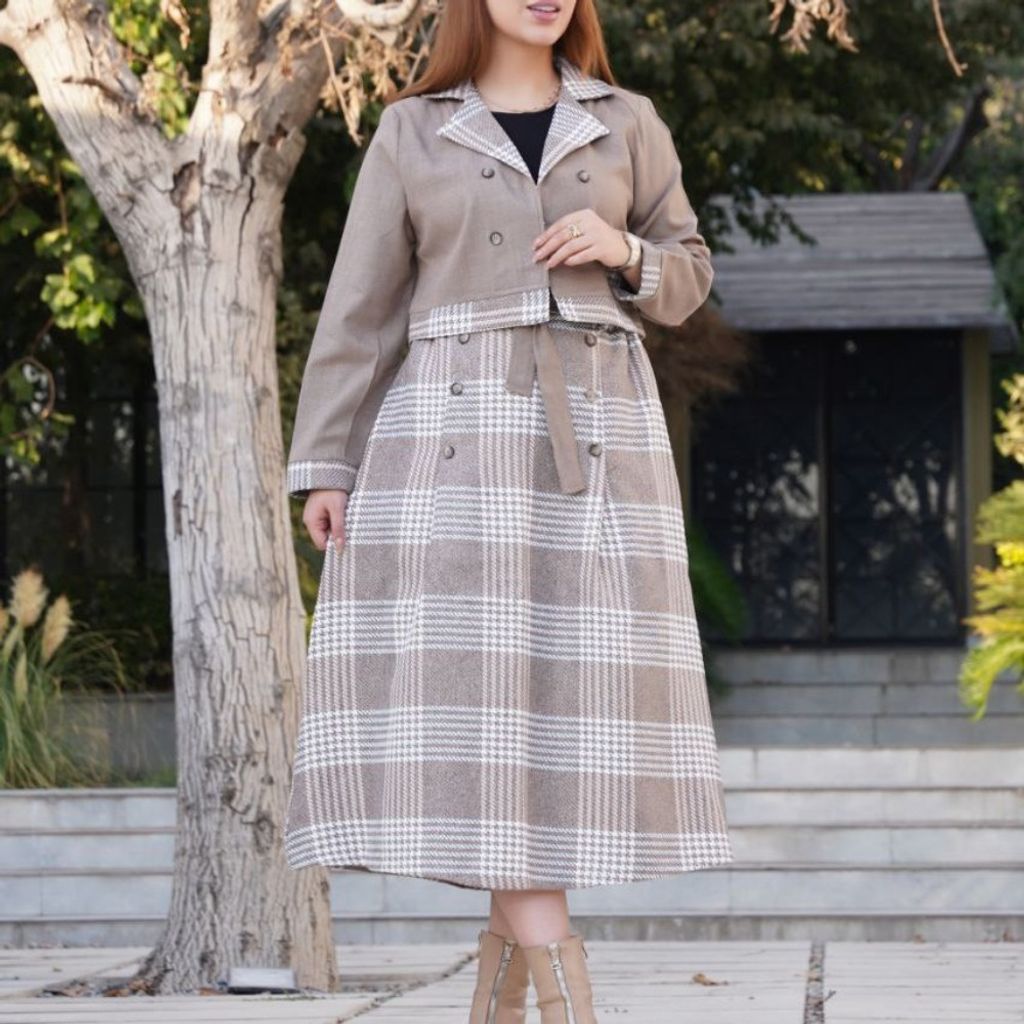 قیمت کت و دامن پاییزه زنانه طوسی سیر