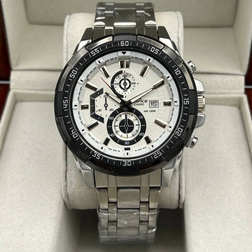 مشخصات 369576 ساعت مچی مردانه کاسیو | بنداستیل نقره‌ای، صفحه سفید با قاب مشکی