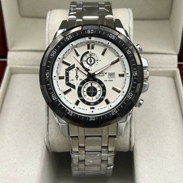 369576 ساعت مچی مردانه کاسیو | بنداستیل نقره‌ای، صفحه سفید با قاب مشکی