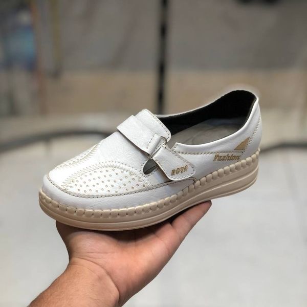 کفش طبی چرم زنانه چسبی رنگ سفید