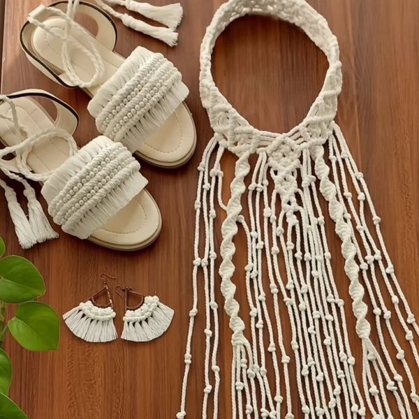 ست ‌سه عددی سربند صندل و‌گوشواره عروس مکرومه بافی