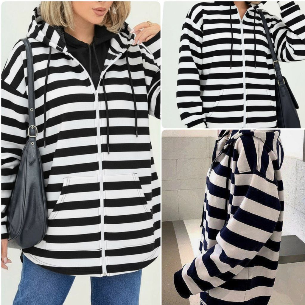 فروش اینترنتی سویشرت زنانه و دخترانه طرح جلو زیپ راه راه