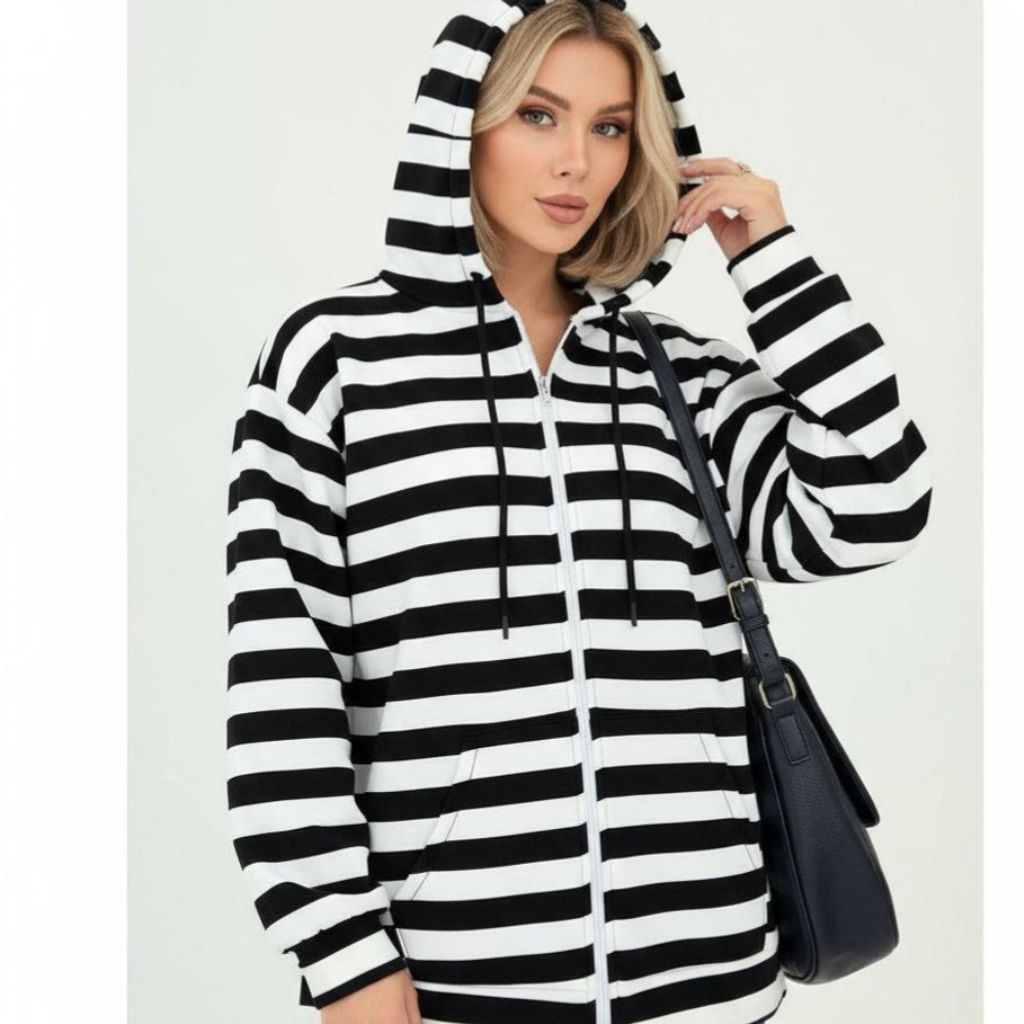 قیمت ارزان سویشرت زنانه و دخترانه طرح جلو زیپ راه راه