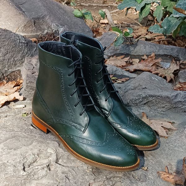 نیم بوت زنانه چرم طبیعی مدل پارامیس کلاسیک یشمی