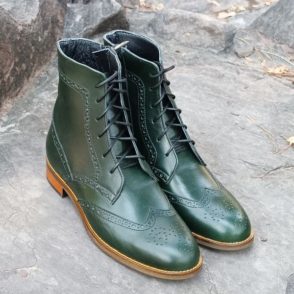 نیم بوت زنانه چرم طبیعی مدل پارامیس کلاسیک یشمی