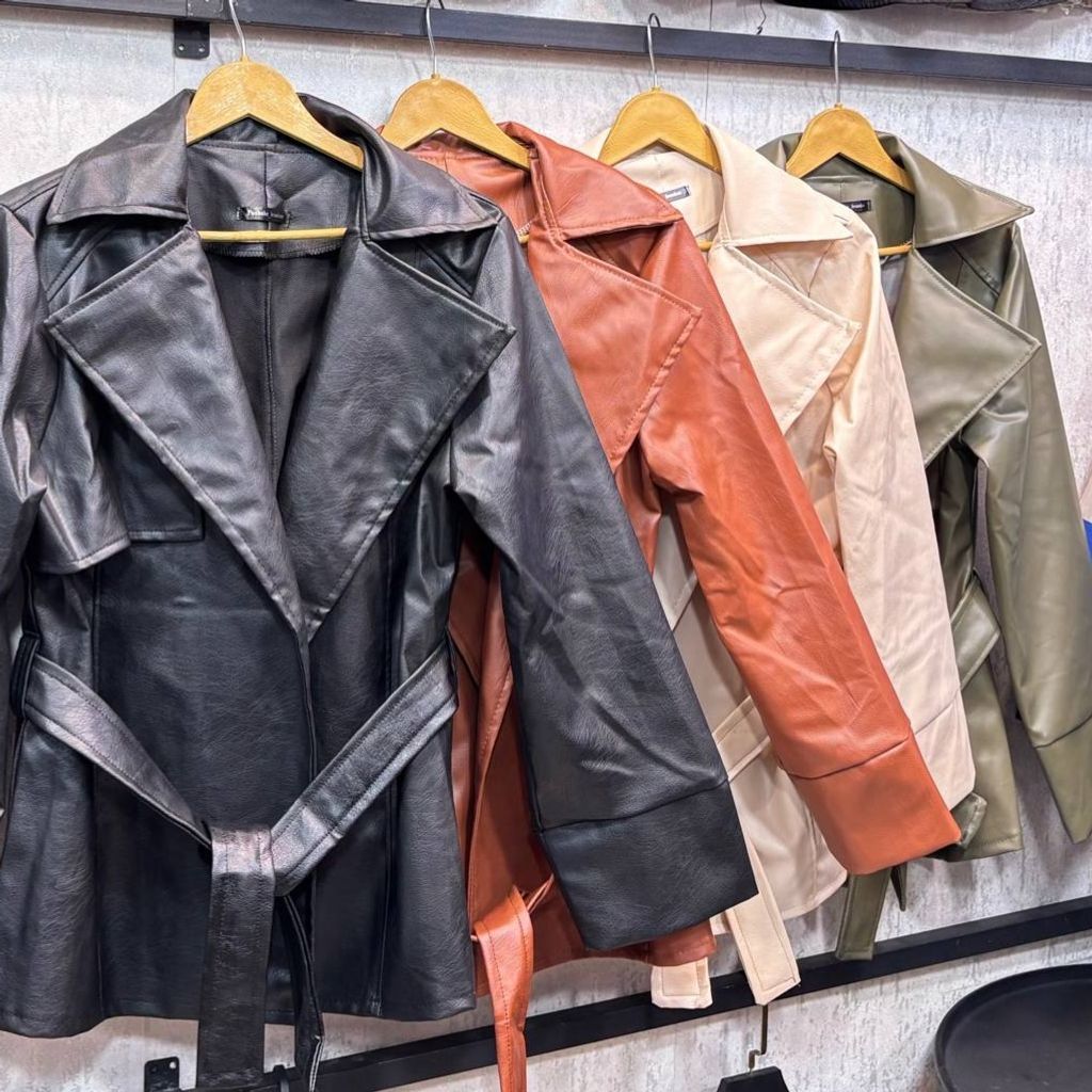 خرید انلاین کت چرم یقه انگلیسی کمربنددار