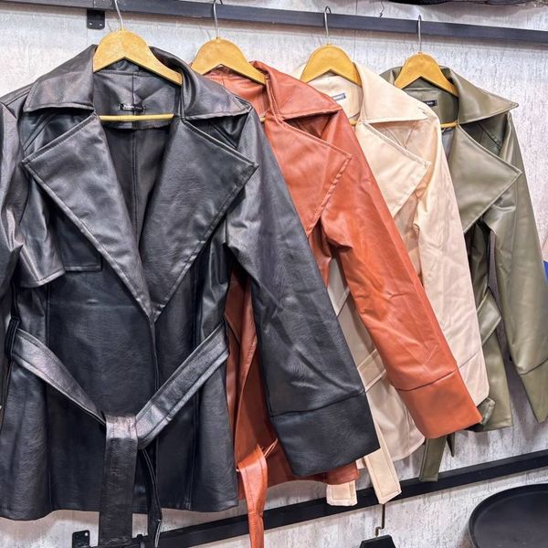 کت چرم یقه انگلیسی کمربنددار