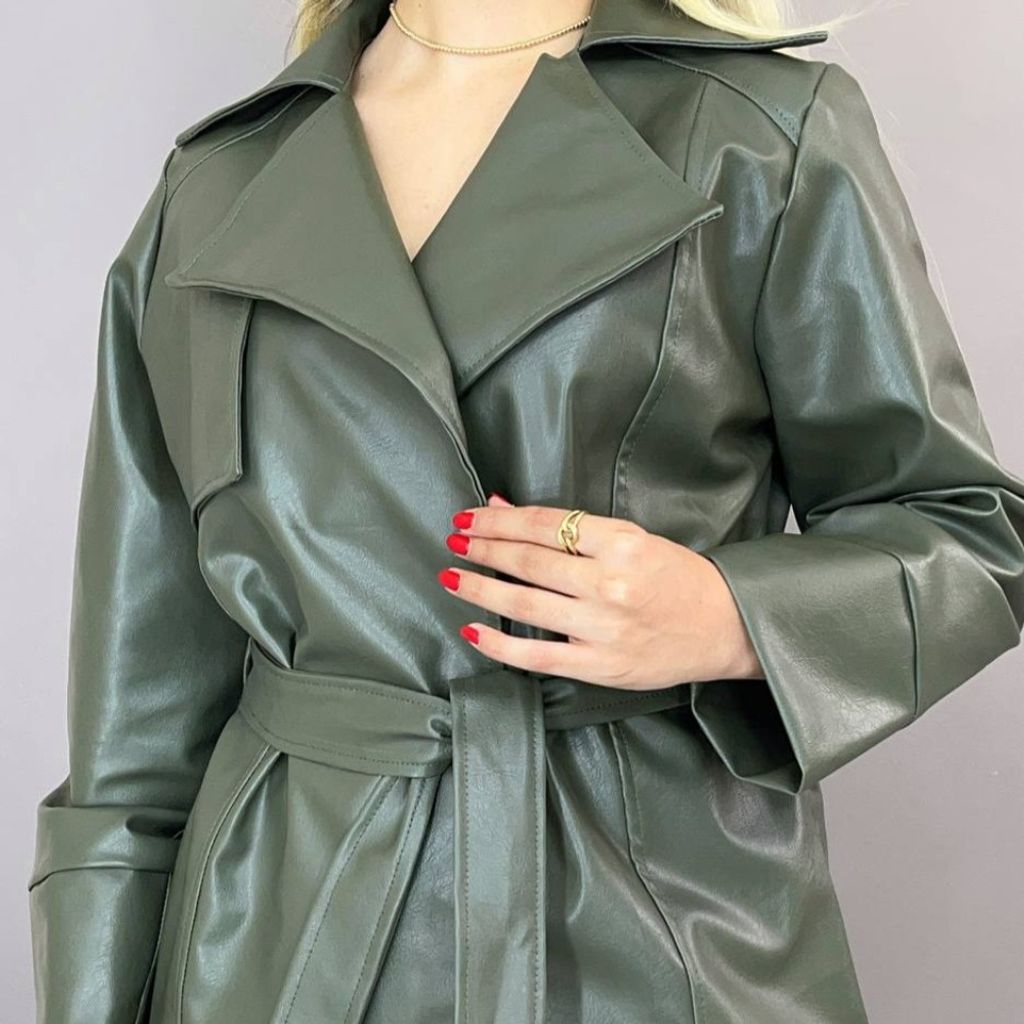 قیمت ارزان کت چرم یقه انگلیسی کمربنددار