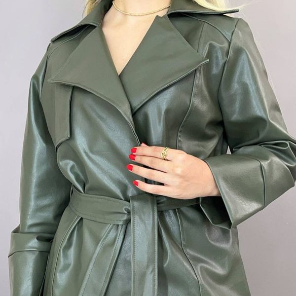 کت چرم یقه انگلیسی کمربنددار