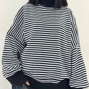 خرید اینترنتی بلوز بافت راه راه یقه اسکی زنانه کد 60