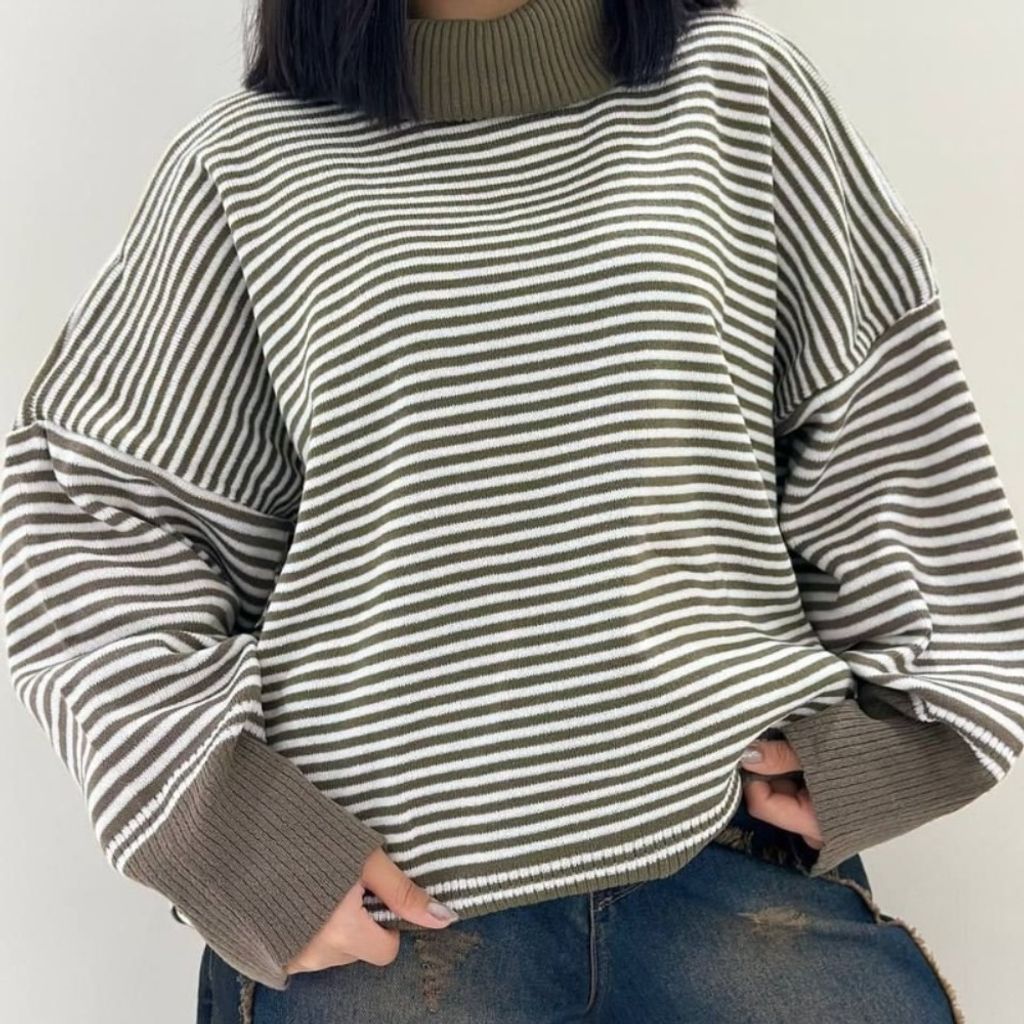 فروش اینترنتی بلوز بافت راه راه یقه اسکی زنانه کد 60