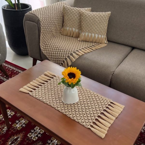 ست کامل شال مبل و رانر و کاور کوسن دوعدد مکرومه بافی