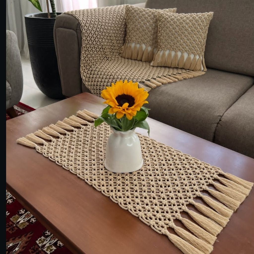 قیمت ست کامل شال مبل و رانر و کاور کوسن دوعدد مکرومه بافی