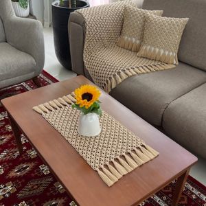 مشخصات ست کامل شال مبل و رانر و کاور کوسن دوعدد مکرومه بافی