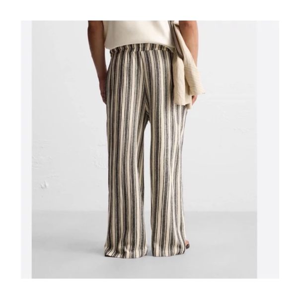 شلوار لینن کنفی راه راه زنانه واید لگ ZARA