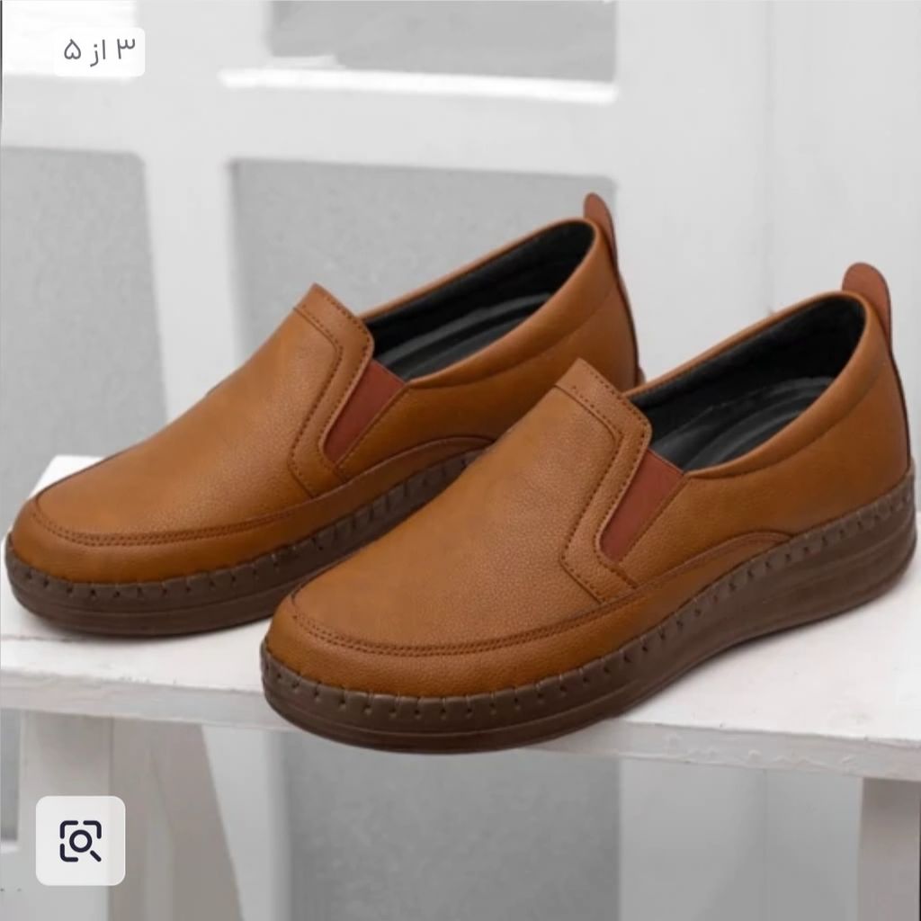مشخصات کفش طبی اداری مناسب درد کمر و خارپاشنه و زانو دور دوخت با کیفیت رنگ عسلی