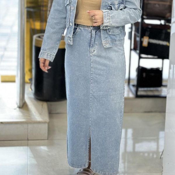 دامن جین زنانه چاکدار قد 96 سانتی