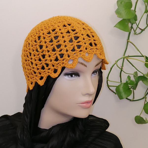 کلاه ترند لیونی، توربان دستبافت رنگ زرد خردلی 08231