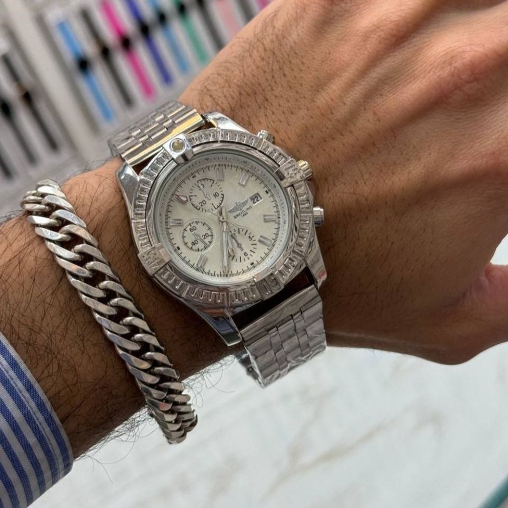 خرید انلاین ساعت مردانه بنداستیل نقره ای صفحه سفید مارک بریتلینگ