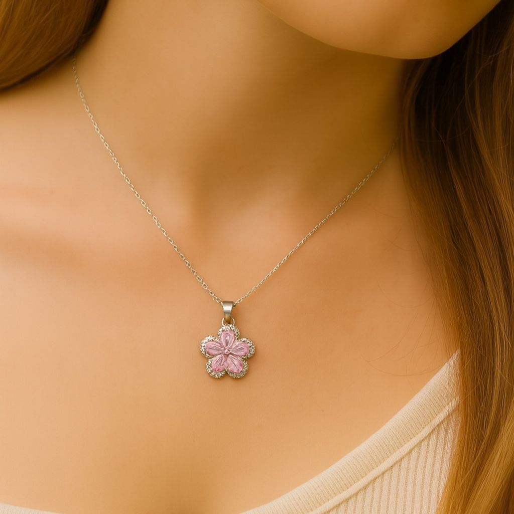 قیمت ارزان گردنبند استیل زنانه طرح گل صورتی