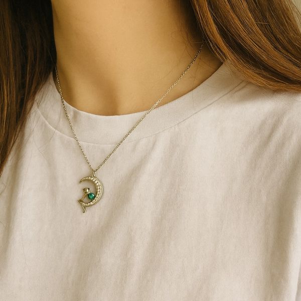 گردنبند استیل زنانه طرح گل صورتی و قلب مشکی و گربه و ماه