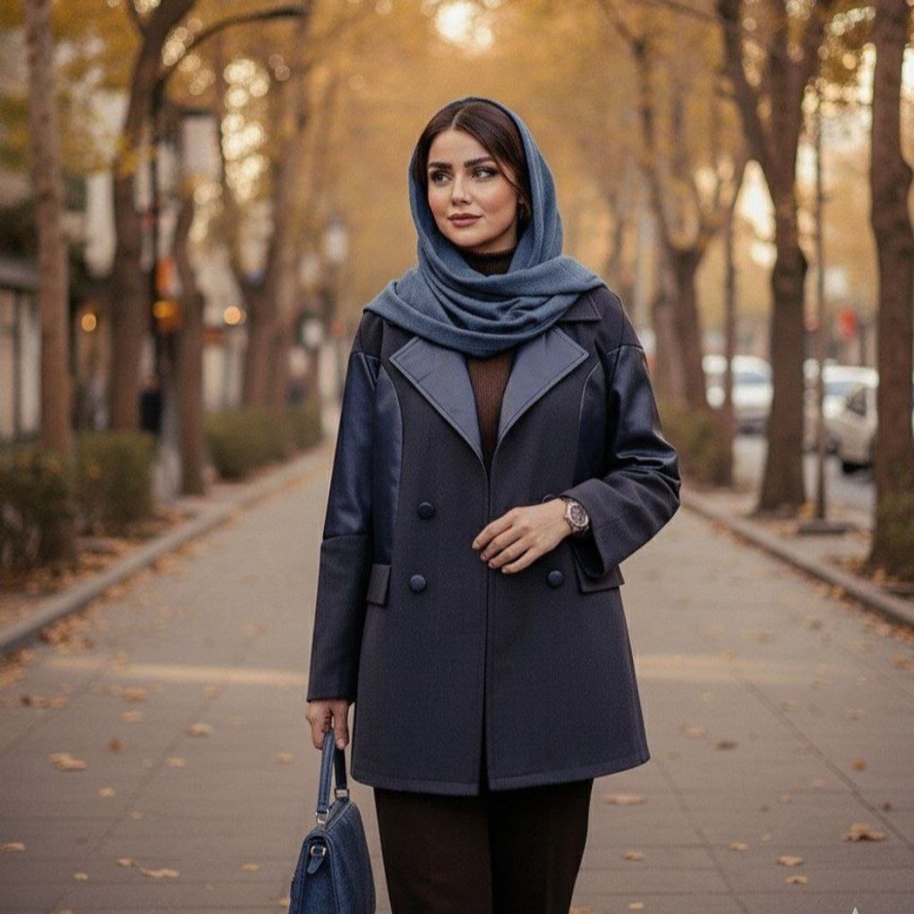 خرید اینترنتی کت آستردار چرم پاییزه رنگ فیلی ( تناژ سرمه ای)