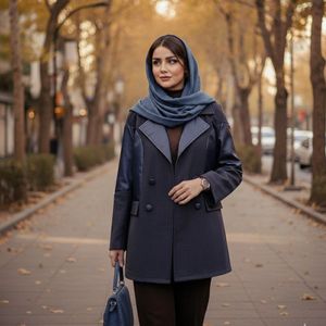 خرید اینترنتی کت آستردار چرم پاییزه رنگ فیلی ( تناژ سرمه ای)