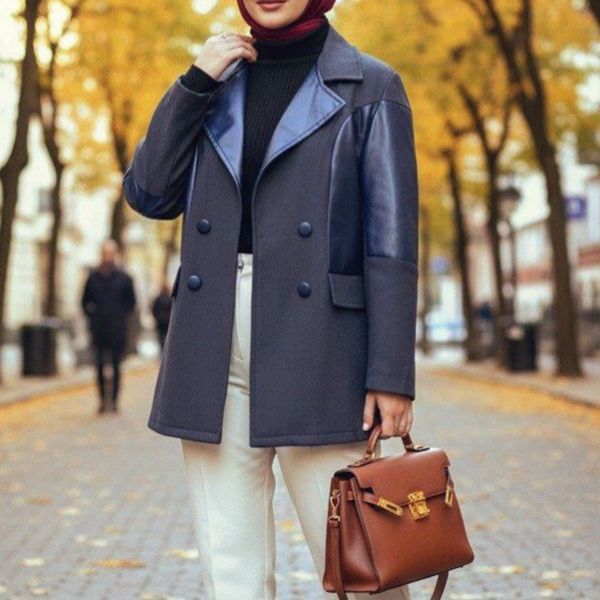 کت آستردار چرم پاییزه رنگ فیلی تیره