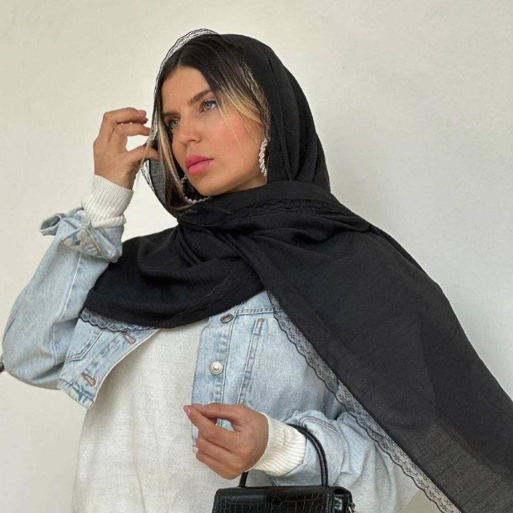 خرید اینترنتی شال نخی اسلپ جت بلک دور دانتل مشکی