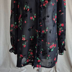 فروش اینترنتی شومیز زنانه مشکی گلدار گل مخملی حریر در سه رنگ بنفش صورتی، قرمز، نارنجی