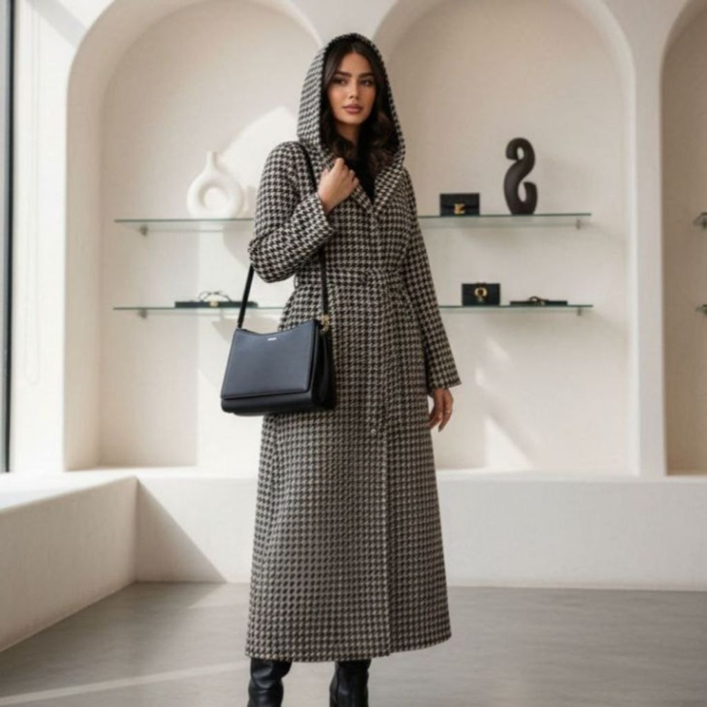 خرید آنلاین مانتو کلاهدار پیچازی  پشمی با قد 135