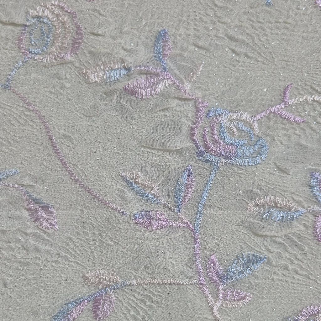 خرید انلاین قواره حریر لیمویی پفکی گل دار خامه دوزی شده صورتی بنفش آبی اکلیل دار