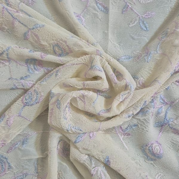 قواره پارچه حریر لیمویی پفکی گل دار خامه دوزی شده صورتی بنفش آبی اکلیل دار