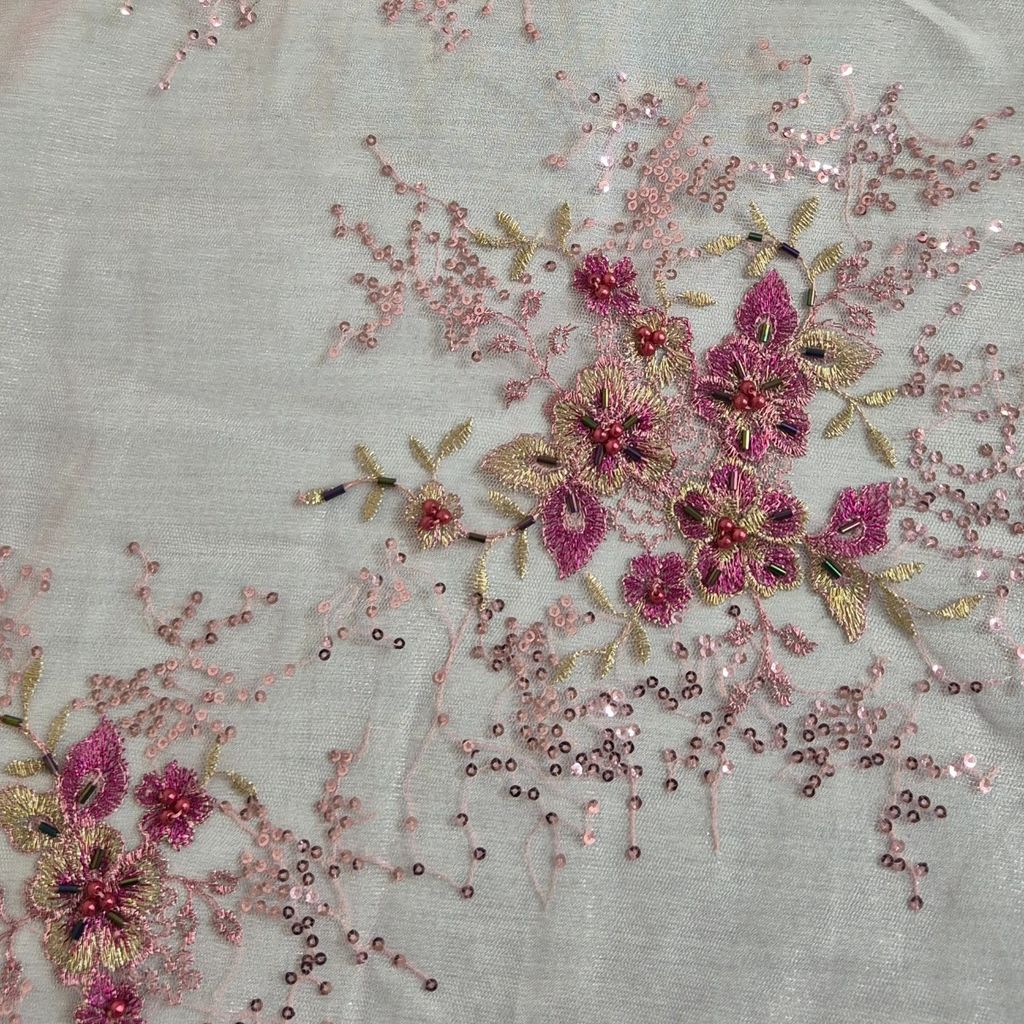 خرید آنلاین قواره پارچه تور خامه دوری شده صورتی سنتی