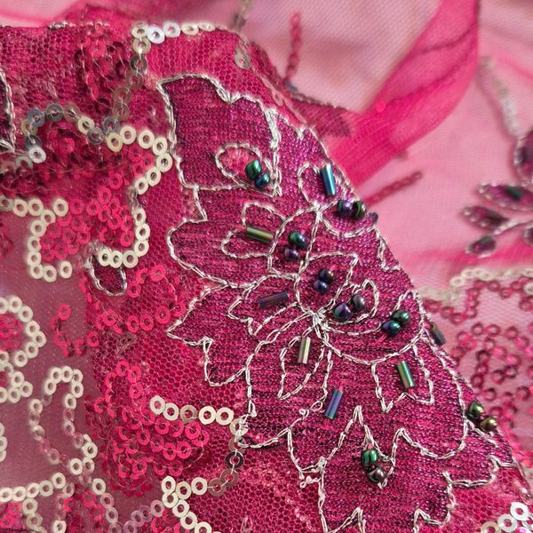 قواره پارچه تور خامه دوزی صورتی سرخابی سنتی