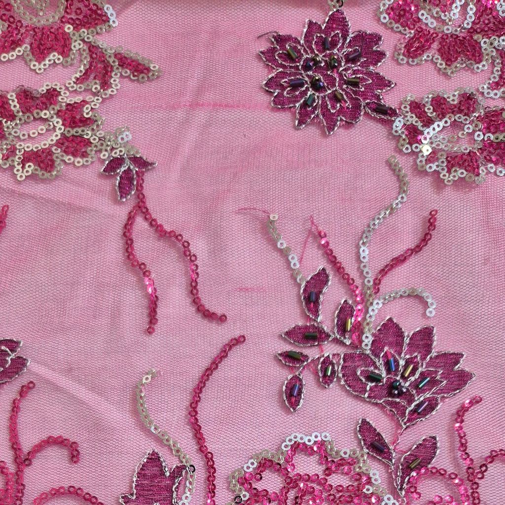 قیمت ارزان قواره پارچه تور خامه دوزی صورتی سرخابی سنتی