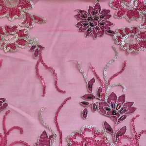 قیمت ارزان قواره پارچه تور خامه دوزی صورتی سرخابی سنتی