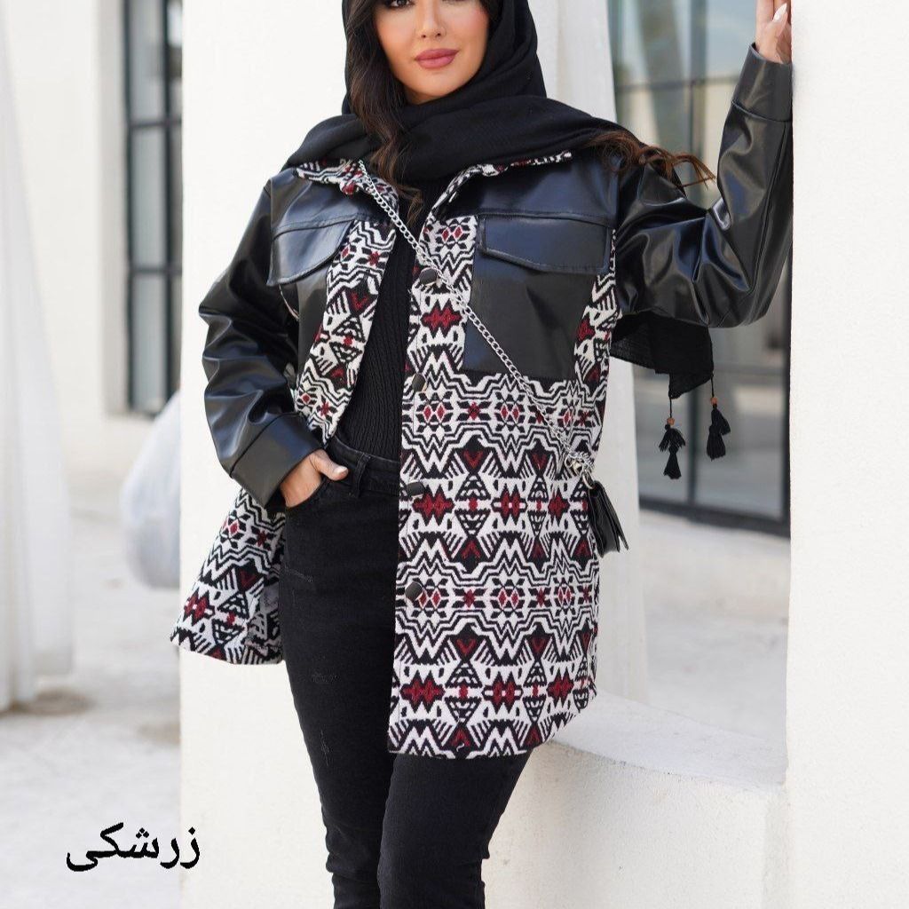 مشخصات پالتو کتی ترکیب چرم تیر کمونی و فوتر آترین