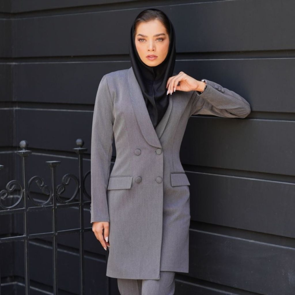 قیمت ارزان مانتو شلوار اداری شاهین دوخت مدل یقه آرشال فیونا کد 4060